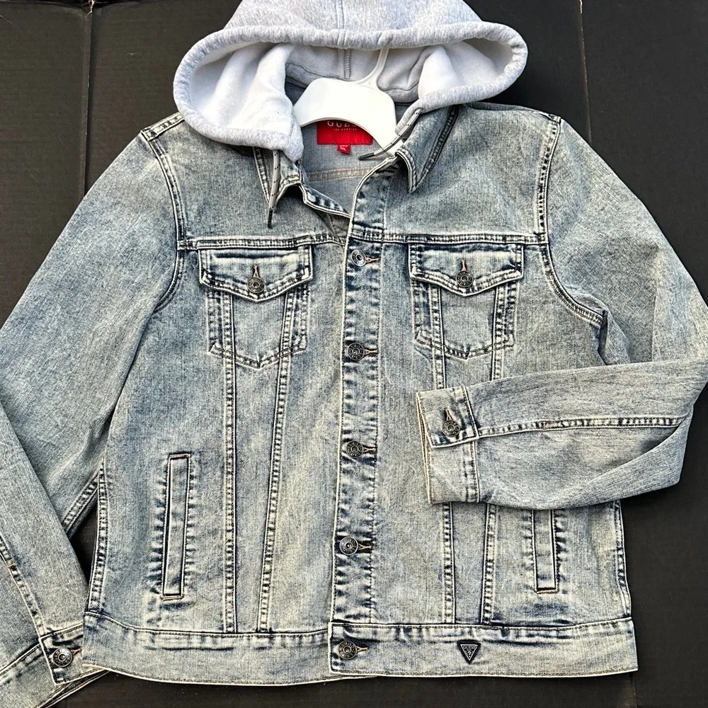 New Guess Blue Denim Jacket with Gray Hood